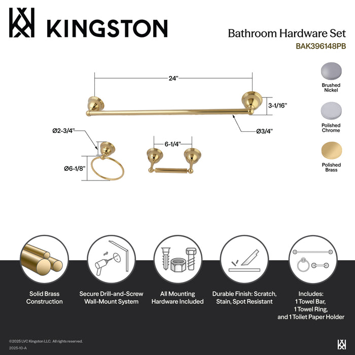 Kingston Heirloom BAK396148SN - Restoration 3-Piece 24-Inch Towel Bar Bathroom Accessory Set, Brushed Nickel