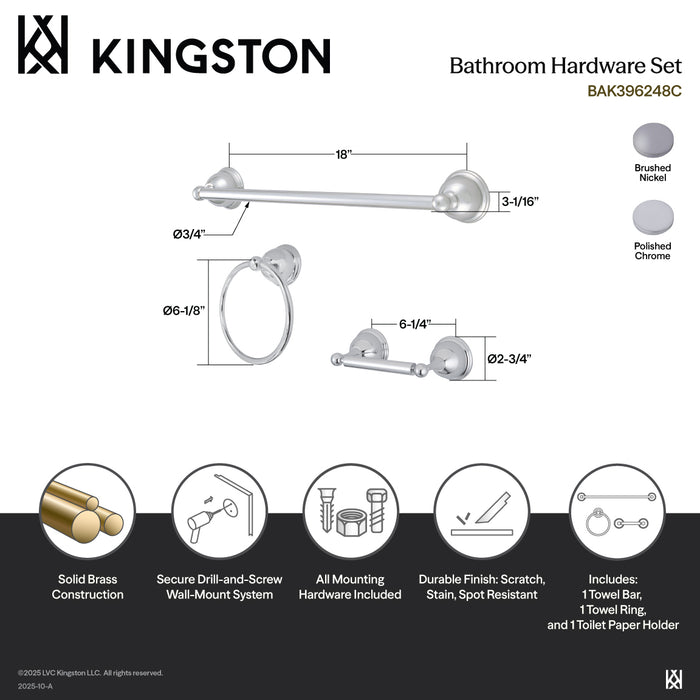 Kingston Heirloom BAK396248SN - Restoration 3-Piece 18-Inch Towel Bar Bathroom Accessory Set, Brushed Nickel