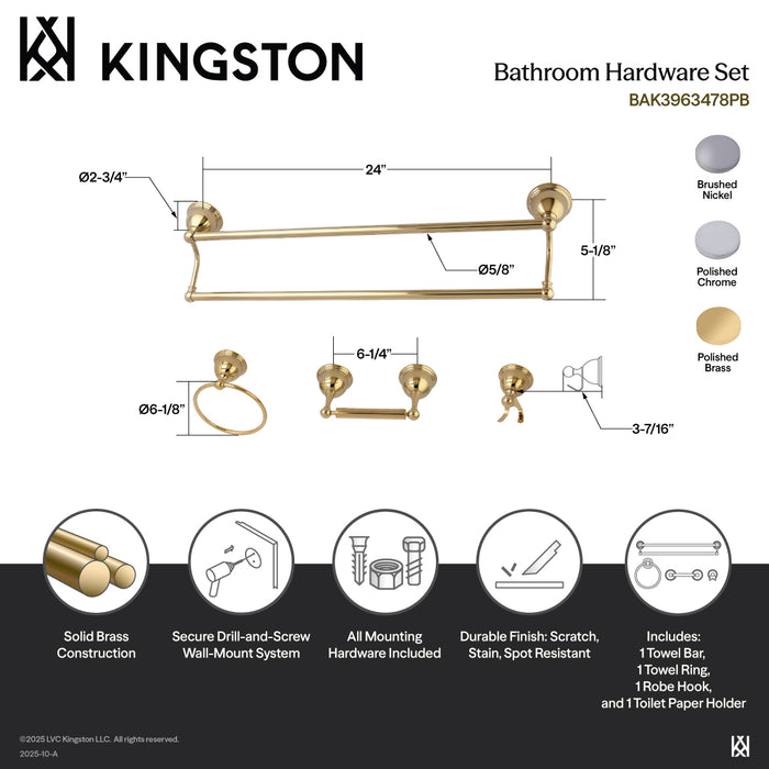 Restoration BAK3963478PB 4-Piece 24-Inch Dual Towel Bar Bathroom Accessory Set, Polished Brass