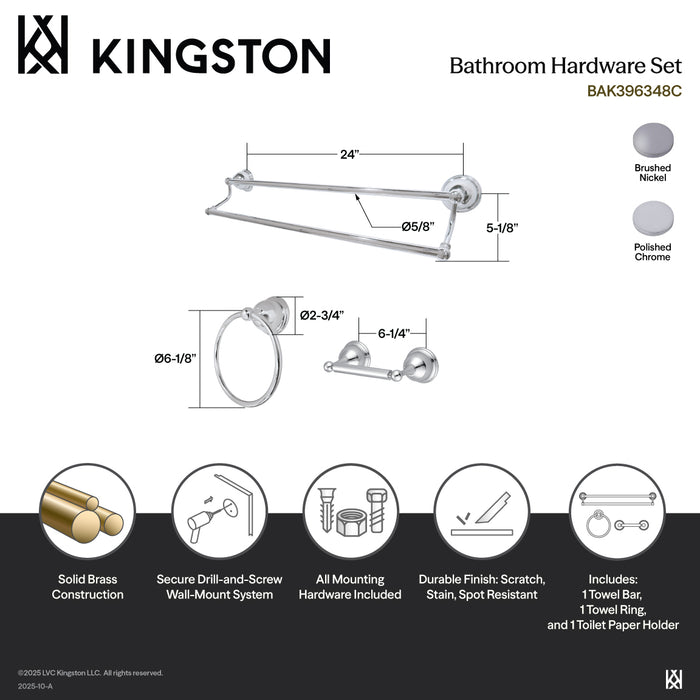 Kingston Heirloom BAK396348C - Restoration 3-Piece 24-Inch Dual Towel Bar Bathroom Accessory Set, Polished Chrome