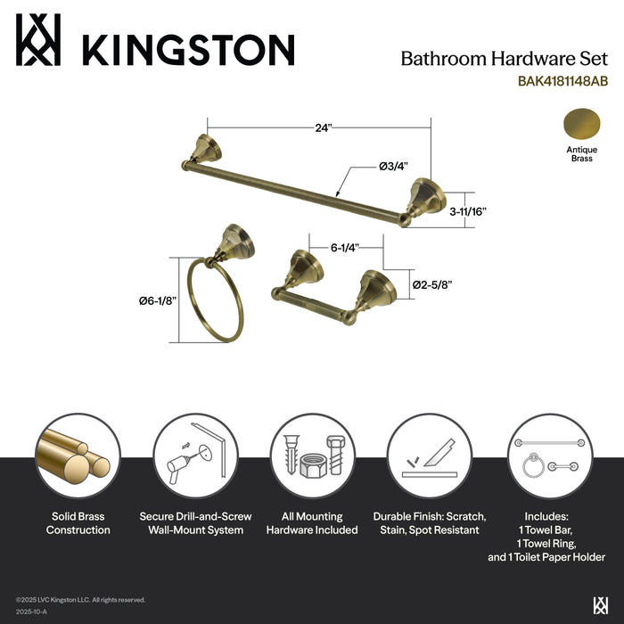 Kingston Tulare BAK4181148AB - Metropolitan 3-Piece 24-Inch Towel Bar Bathroom Accessory Set, Antique Brass