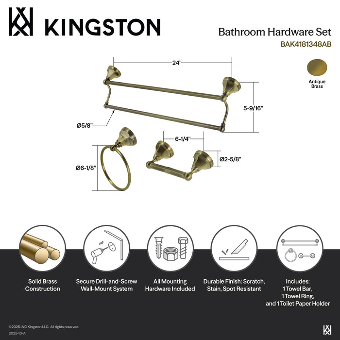 Kingston Tulare BAK4181348AB - Metropolitan 3-Piece 24-Inch Dual Towel Bar Bathroom Accessory Set, Antique Brass