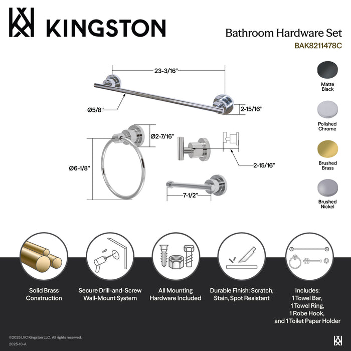 Kingston Sona BAK8211478C - Concord 4-Piece 24-Inch Towel Bar Bathroom Accessory Set, Polished Chrome