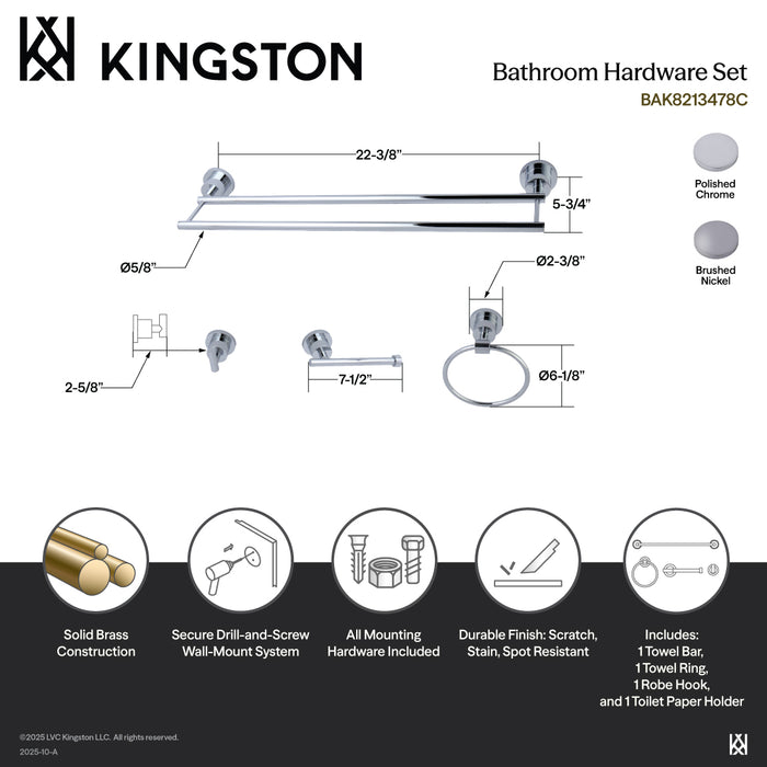 Kingston Sona BAK8213478C - Concord 4-Piece 24-Inch Dual Towel Bar Bathroom Accessory Set, Polished Chrome