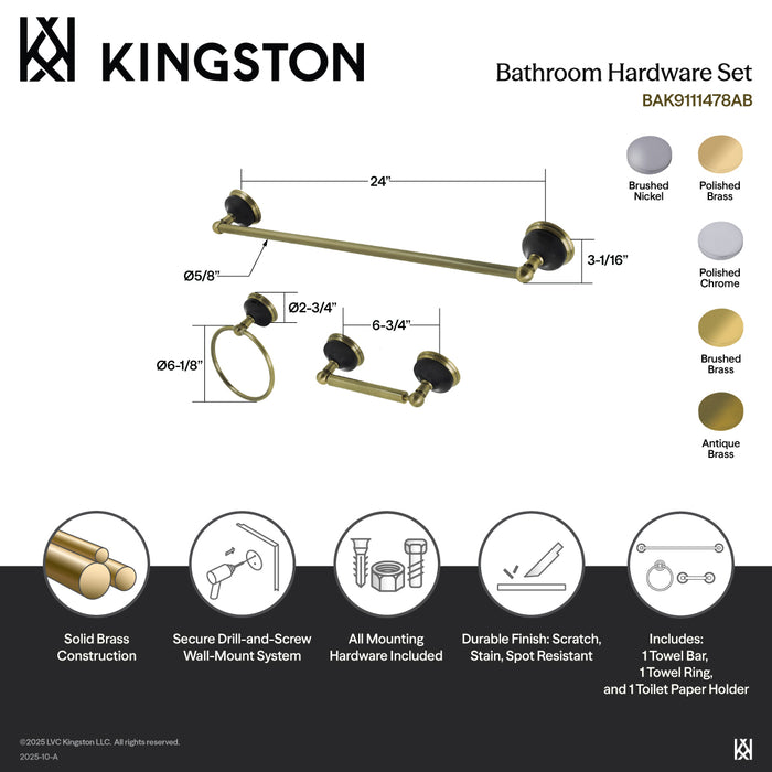 Kingston Heirloom BAK911148BB - Water Onyx 3-Piece 24-Inch Towel Bar Bathroom Accessory Set, Brushed Brass