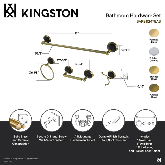 Kingston Heirloom BAK9112478PB - Water Onyx 4-Piece 18-Inch Towel Bar Bathroom Accessory Set, Polished Brass