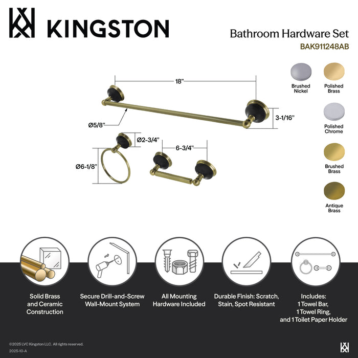 Kingston Heirloom BAK911248C - Water Onyx 3-Piece 18-Inch Towel Bar Bathroom Accessory Set, Polished Chrome