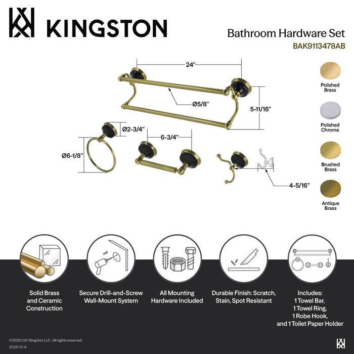 Kingston Heirloom BAK9113478AB - Water Onyx 4-Piece 24-Inch Dual Towel Bar Bathroom Accessory Set, Antique Brass