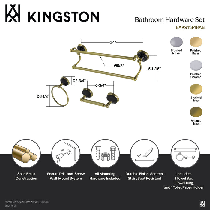 Kingston Heirloom BAK911348AB - Water Onyx 3-Piece 24-Inch Dual Towel Bar Bathroom Accessory Set, Antique Brass
