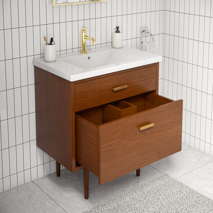 Kingston Brandy BD30CR06HW - 30.5 in. x 18 in. Bathroom Vanity White Ceramic Top, Honey Walnut