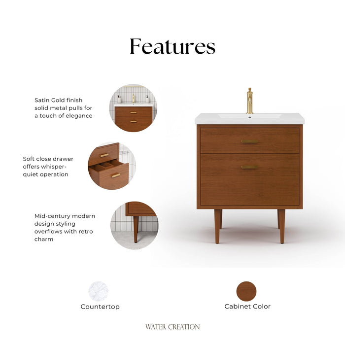 Kingston Brandy BD30CR06HW - 30.5 in. x 18 in. Bathroom Vanity White Ceramic Top, Honey Walnut