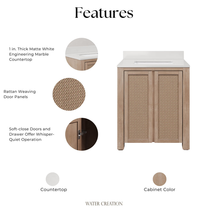 Kingston Belmont BE30EM00TL - 30 in. x 22 in. Bathroom Vanity Single Sink Freestanding with White Engineered Marble Top, Toffee Latte