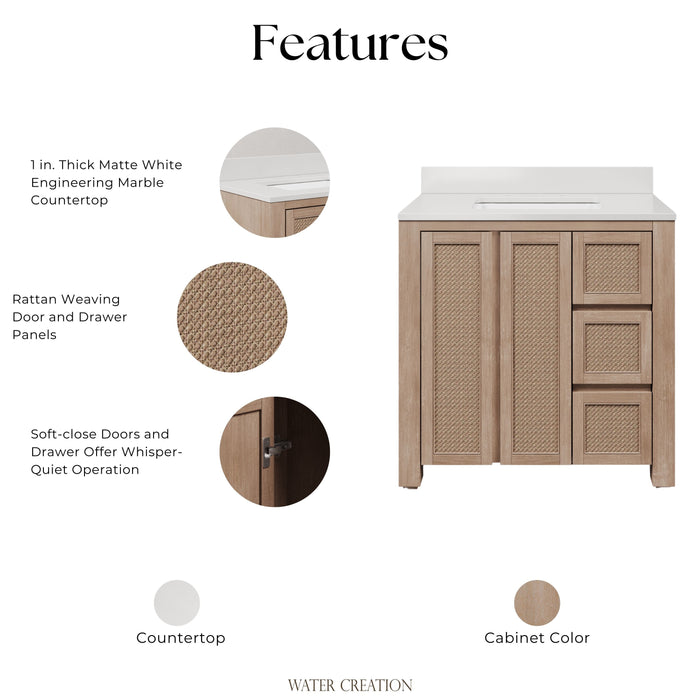 Kingston Belmont BE36EM00TL - 36 in. x 22 in. Bathroom Vanity Single Sink Freestanding with White Engineered Marble Top, Toffee Latte