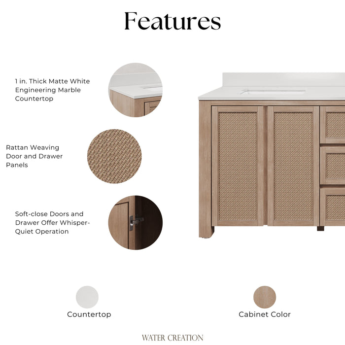 Kingston Belmont BE72EM00TL - 72 in. x 22 in. Bathroom Vanity Double Sink Freestanding with White Engineered Marble Top, Toffee Latte