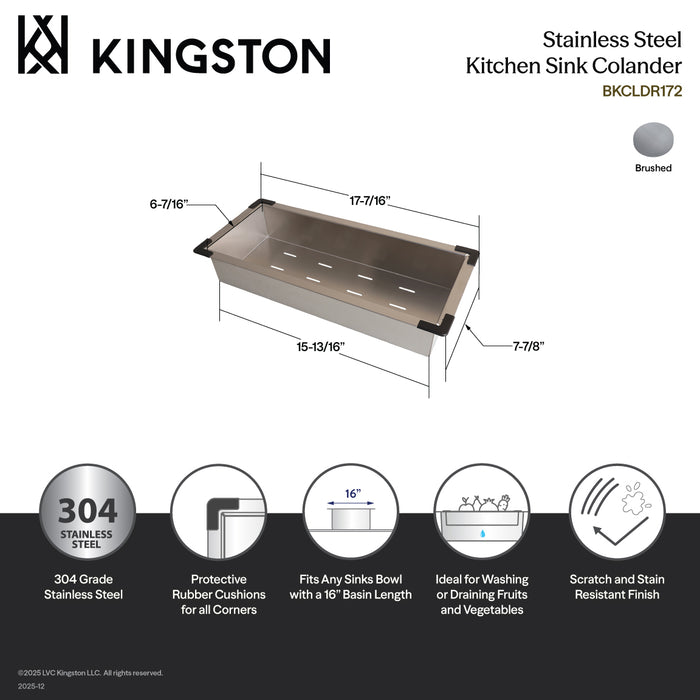 Kingston Sona BKCLDR172 - Watford Stainless Steel Kitchen Sink Colander, Brushed Stainless Steel