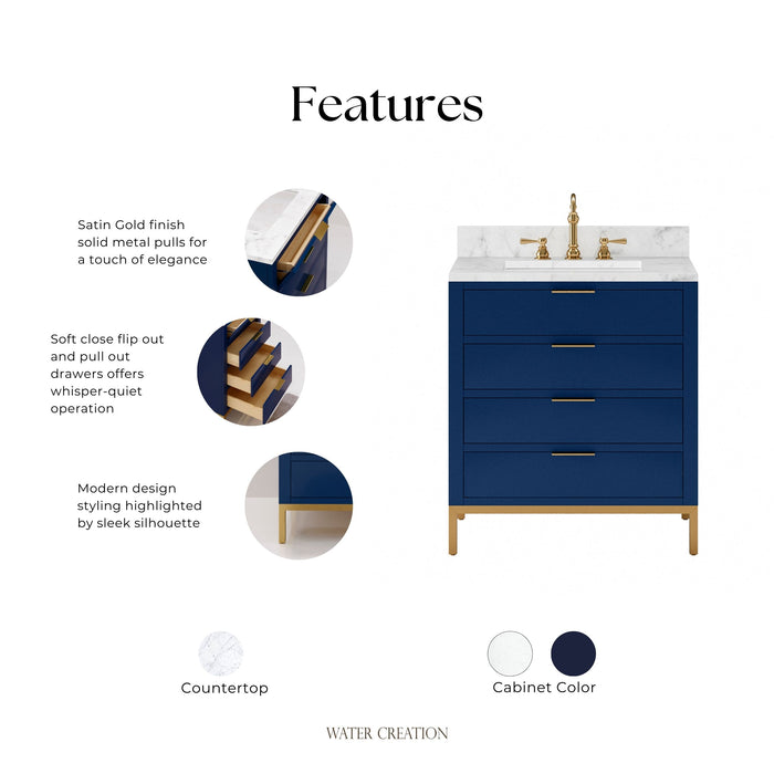 Kingston Bristol BR30CW06MB - 30 in. x 21.5 in. Bathroom Vanity Marble Top and White Basin, Monarch Blue