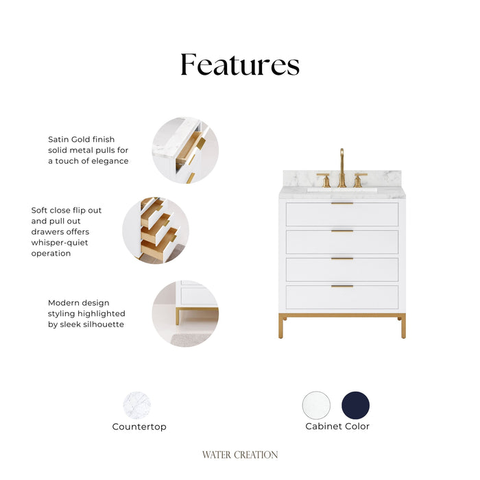 Kingston Bristol BR30CW06PW - 30 in. x 21.5 in. Bathroom Vanity Marble Top and White Basin, Pure White