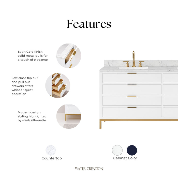 Kingston Bristol BR72CW06PW - 72 in. x 21.5 in. Bathroom Vanity Marble Top and White Basin, Pure White