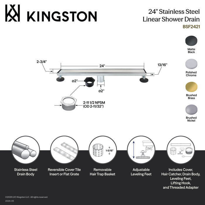 Kingston Watercourse BSF2427 24-Inch Stainless Steel Linear Shower Drain with Reversible Tile Insert and Flat Grate, Brushed Brass