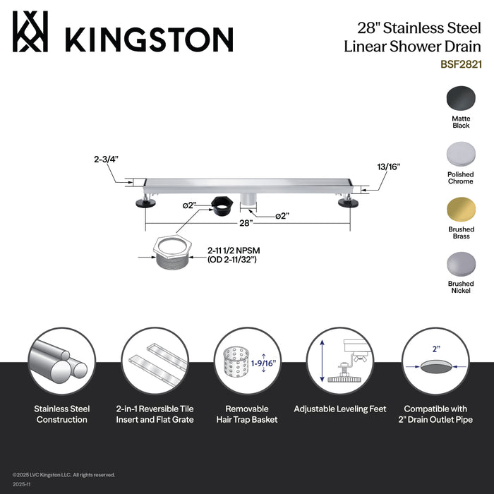 Kingston Watercourse BSF2821 28-Inch Stainless Steel Linear Shower Drain with Reversible Tile Insert and Flat Grate, Polished Chrome