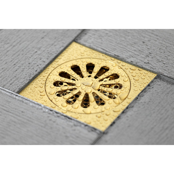 Kingston Watercourse BSF4161BB 4-Inch Brass Square Grid Shower Drain with Hair Strainer, Brushed Brass