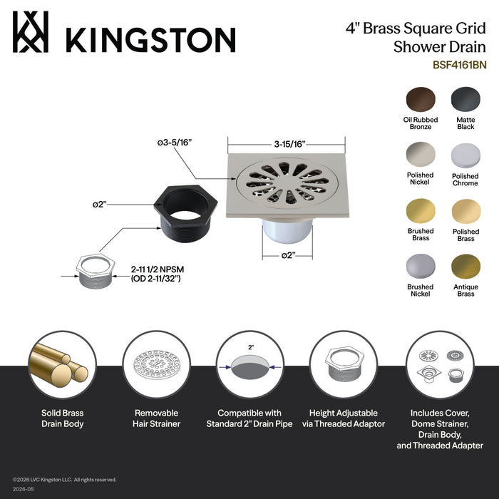 Kingston Watercourse BSF4161ORB 4-Inch Brass Square Grid Shower Drain with Hair Strainer, Oil Rubbed Bronze