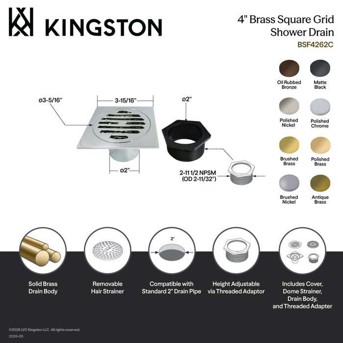 Kingston Watercourse BSF4262AB 4-Inch Brass Square Grid Shower Drain with Hair Strainer, Antique Brass