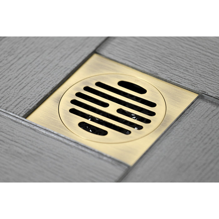 Watercourse BSF4262AB Symmetric 4-Inch Brass Square Grid Shower Drain with Flange and Hair Trap, Antique Brass