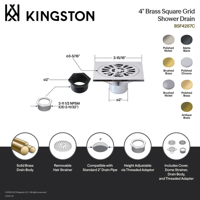 Kingston Watercourse BSF4267MB 4-Inch Brass Square Grid Shower Drain with Hair Strainer, Matte Black