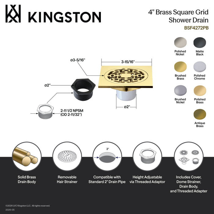 Kingston Watercourse BSF4272BN 4-Inch Brass Square Grid Shower Drain with Flange, Brushed Nickel