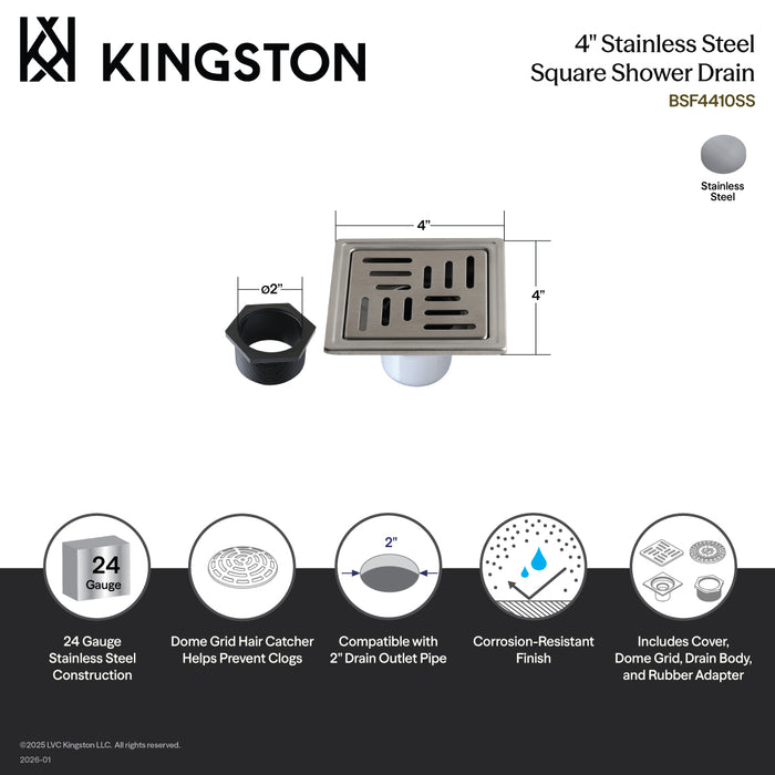 Kingston Watercourse BSF4410SS 4-Inch Stainless Steel Square Shower Drain with Flange and Hair Trap, Brushed Stainless Steel
