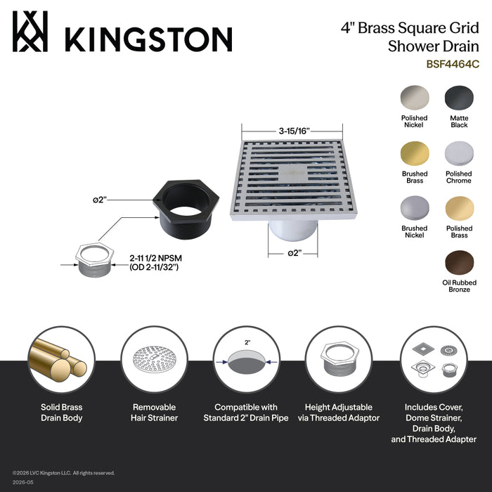 Kingston Watercourse BSF4464PB 4-Inch Brass Square Grid Shower Drain with Hair Strainer, Polished Brass