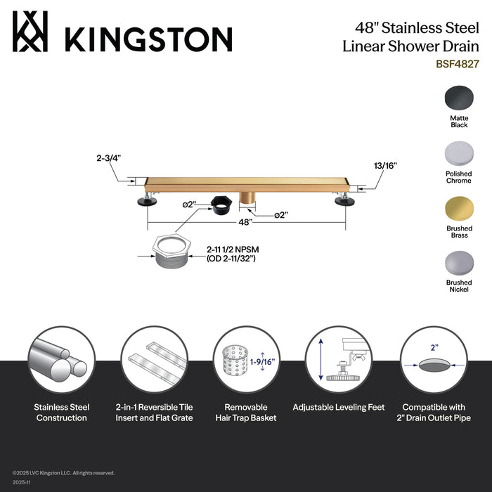 Kingston Watercourse BSF4827 48-Inch Stainless Steel Linear Shower Drain with Reversible Tile Insert and Flat Grate, Brushed Brass