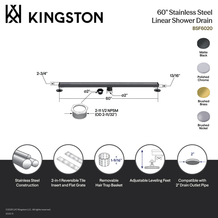 Kingston Watercourse BSF6021 60-Inch Stainless Steel Linear Shower Drain with Reversible Tile Insert and Flat Grate, Polished Chrome