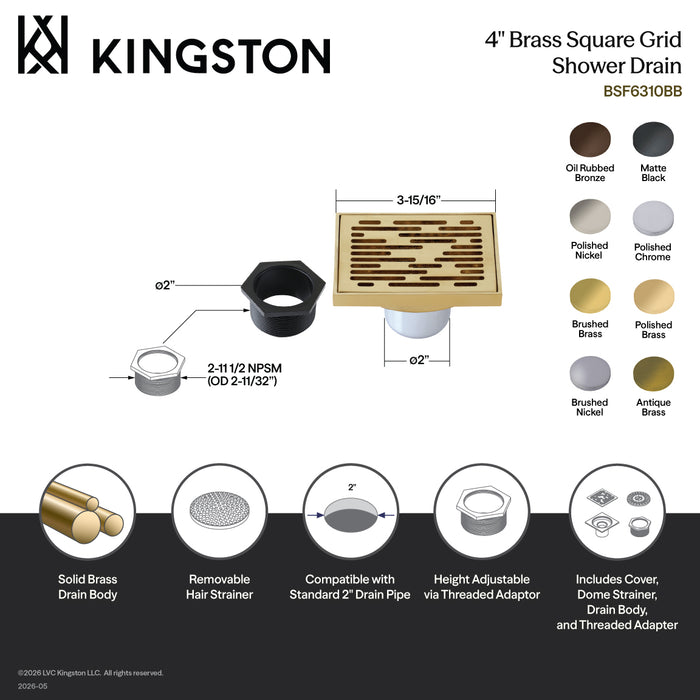 Kingston Watercourse BSF6310BB 4-Inch Brass Square Grid Shower Drain with Hair Strainer, Brushed Brass