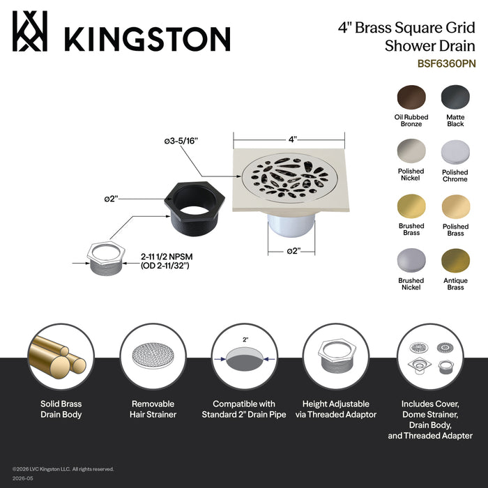 Kingston Watercourse BSF6360BB 4-Inch Brass Square Grid Shower Drain with Hair Strainer, Brushed Brass