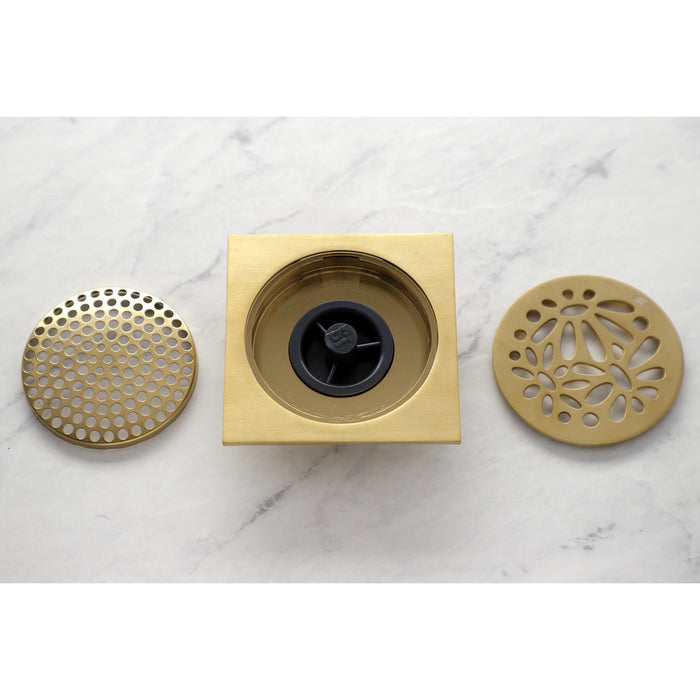 Kingston Watercourse BSF6360BB 4-Inch Brass Square Grid Shower Drain with Hair Strainer, Brushed Brass
