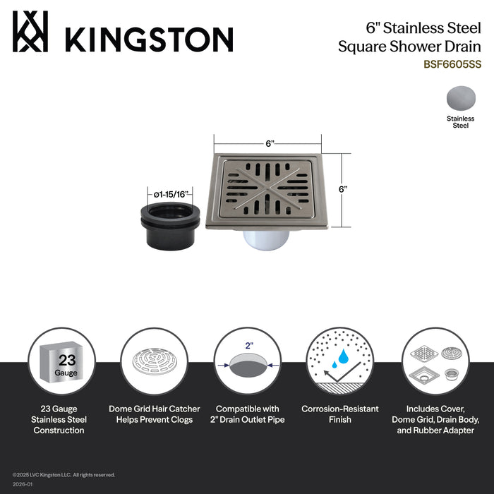 Kingston Watercourse BSF6605SS 6-Inch Stainless Steel Square Shower Drain with Flange and Hair Trap, Brushed Stainless Steel
