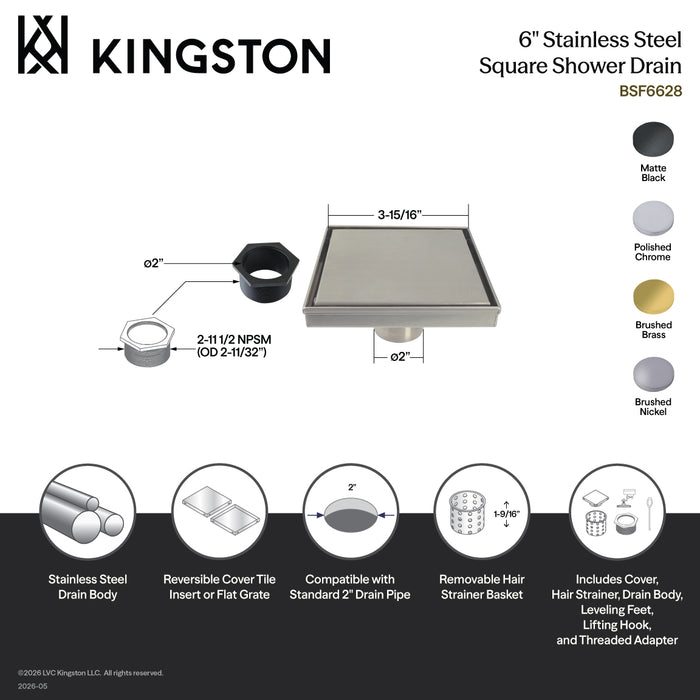 Kingston Watercourse BSF6620 6-Inch Stainless Steel Square Shower Drain with Hair Catcher, Matte Black
