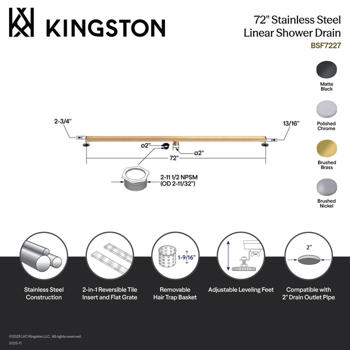 Kingston Watercourse BSF7221 72-Inch Stainless Steel Linear Shower Drain with Reversible Tile Insert and Flat Grate, Polished Chrome