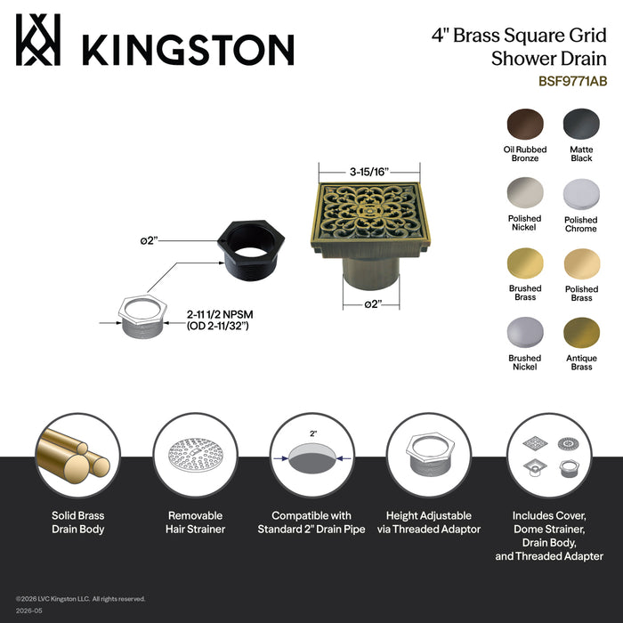 Kingston Watercourse BSF9771BB 4-Inch Brass Square Grid Shower Drain with Hair Strainer, Brushed Brass