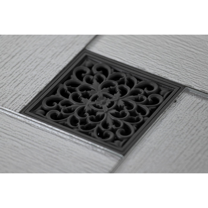Kingston Watercourse BSF9771ORB Scroll 4-Inch Brass Square Grid Shower Drain with Flange and Hair Trap, Oil Rubbed Bronze