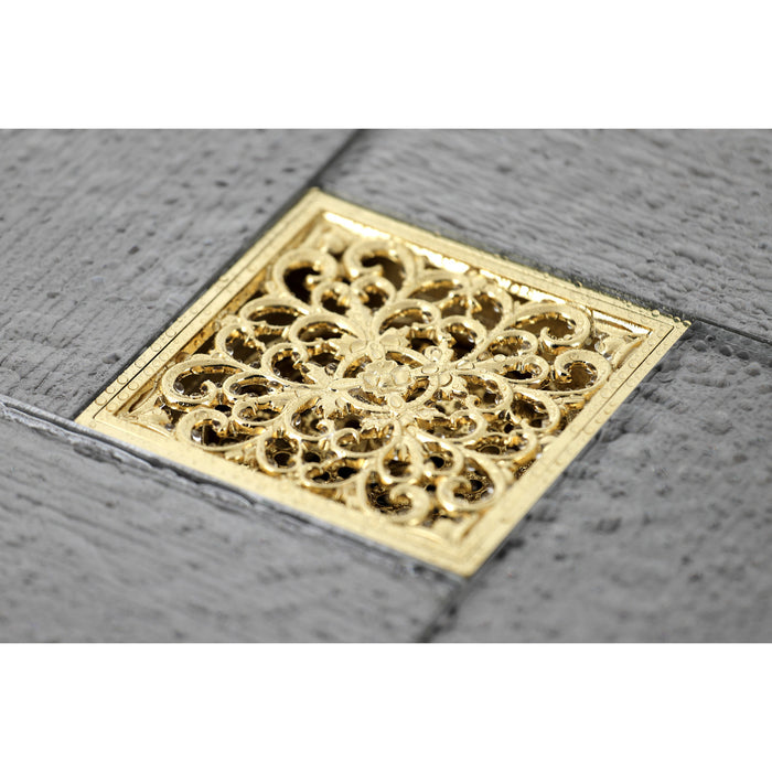 Kingston Watercourse BSF9771PB 4-Inch Brass Square Grid Shower Drain with Hair Strainer, Polished Brass