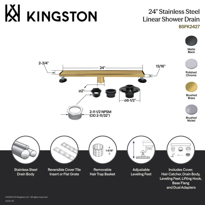 Kingston Watercourse BSFK2427 24-Inch Stainless Steel Linear Shower Drain with Reversible Tile Insert and Flat Grate, Drain with Base Flange and Hair Strainer, Brushed Brass