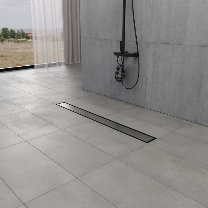 Kingston Watercourse BSFK2820 28-Inch Stainless Steel Linear Shower Drain with Reversible Tile Insert and Flat Grate, Drain with Base Flange and Hair Strainer, Matte Black