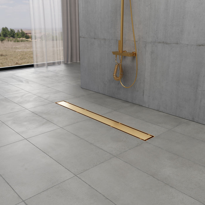 Kingston Watercourse BSFK2827 28-Inch Stainless Steel Linear Shower Drain with Reversible Tile Insert and Flat Grate, Drain with Base Flange and Hair Strainer, Brushed Brass