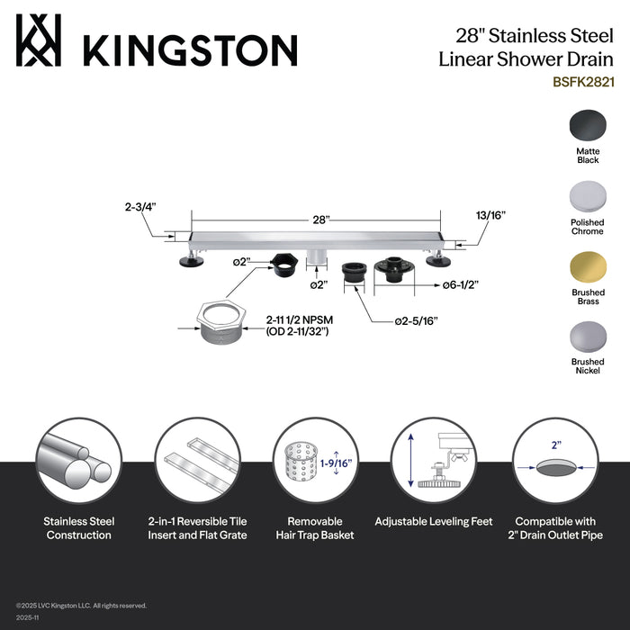 Kingston Watercourse BSFK2828 28-Inch Stainless Steel Linear Shower Drain with Reversible Tile Insert and Flat Grate, Drain with Base Flange and Hair Strainer, Brushed Nickel