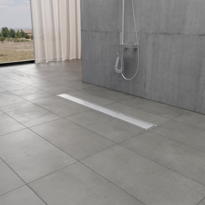 Kingston Watercourse BSFK2828 28-Inch Stainless Steel Linear Shower Drain with Reversible Tile Insert and Flat Grate, Drain with Base Flange and Hair Strainer, Brushed Nickel