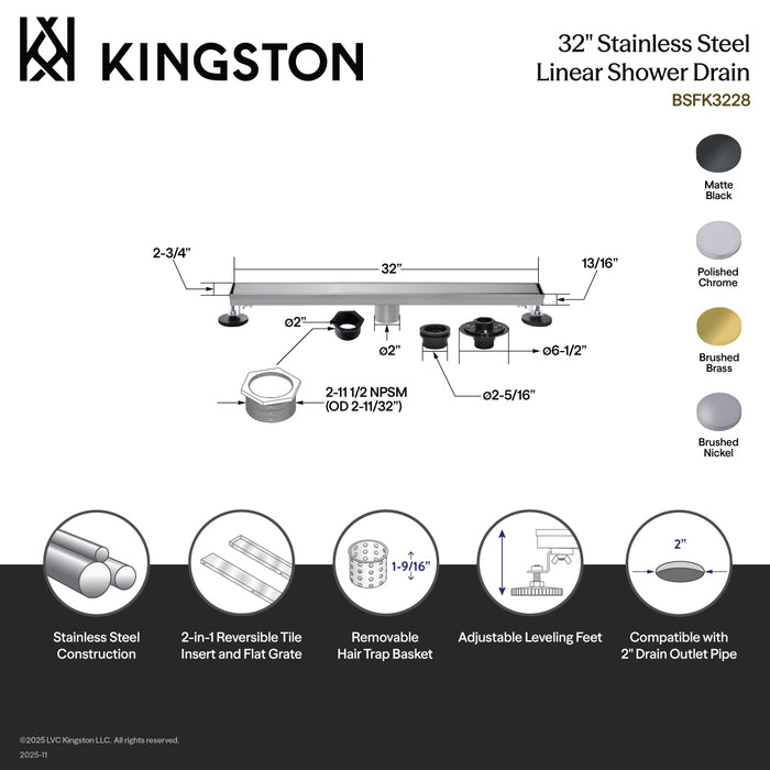 Kingston Watercourse BSFK3220 32-Inch Stainless Steel Linear Shower Drain with Reversible Tile Insert and Flat Grate, Drain with Base Flange and Hair Strainer, Matte Black