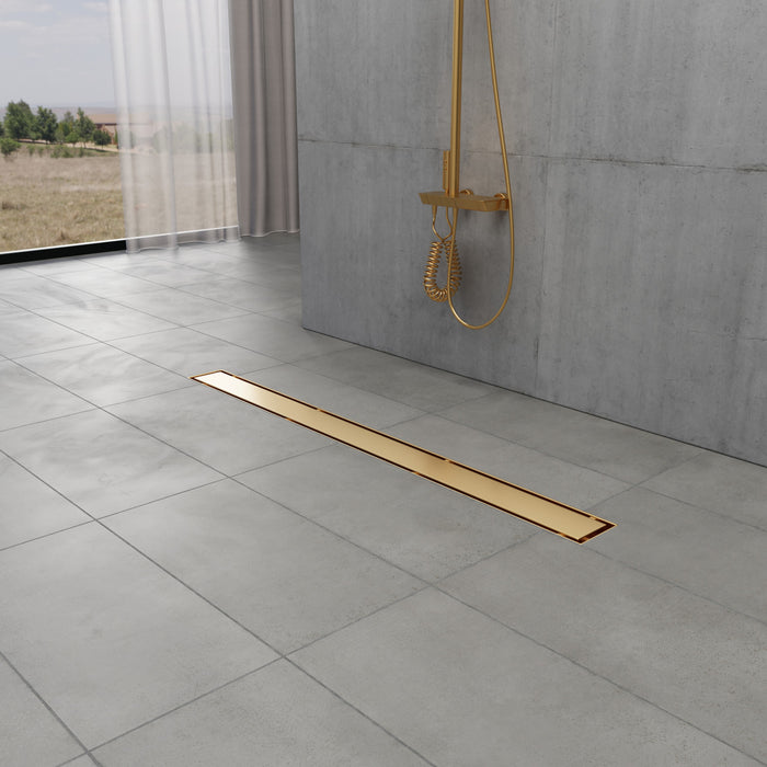 Kingston Watercourse BSFK3227 32-Inch Stainless Steel Linear Shower Drain with Reversible Tile Insert and Flat Grate, Drain with Base Flange and Hair Strainer, Brushed Brass